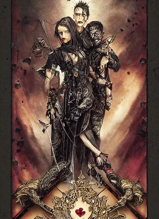 Image similar to tarot card :: horror :: vampires and draculas :: cult and clan :: hearts and roses :: gold and silver :: guns and swords :: highly details :: intricate details :: Sandra Chevrier and bastien lecouffe deharme