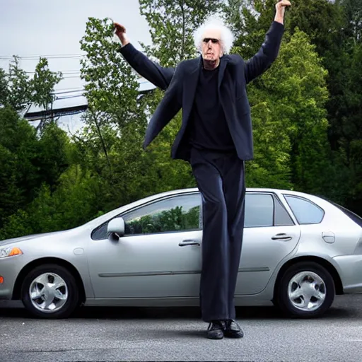 Prompt: larry david standing on top of prius, gothic portrait