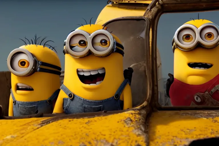 Prompt: a Minions vs Mario, yellow and red, mechabot, in the Movie Mad Max: Fury Road 2015, epic sandstorm battle, action, 8k,