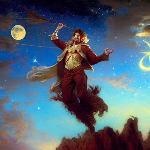 Image similar to attractive male wizard magically floating and flying high in the night sky, fantasy, full moon in background. highly detailed painting by gaston bussiere, craig mullins, j. c. leyendecker, mid shot, 8 k