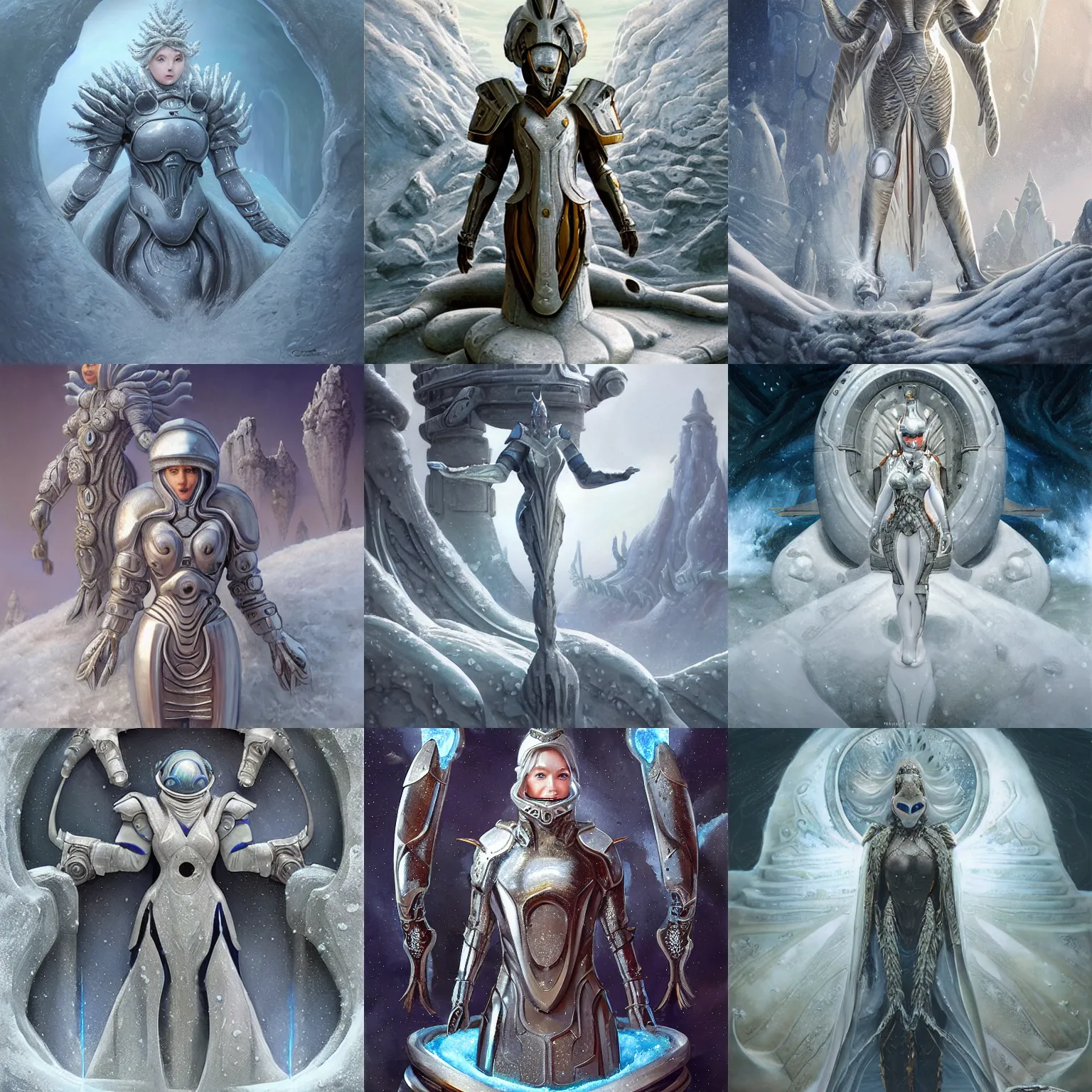 Prompt: snow queen in ancient alien planet sci - fi bathyscaphe armor, bas - relief sculpture scene, highly detailed, artstation, concept art, smooth, sharp focus, illustration, artstation, art by giger and greg rutkowski and hikari shimoda and edmund blair leighton and charlie bowater, painted warhammer miniature