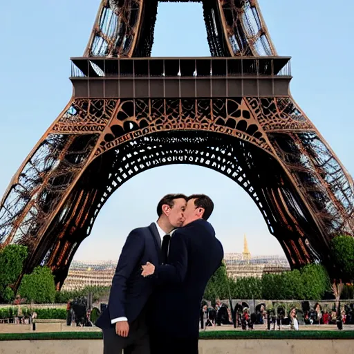 Prompt: gerald darmanin and Emmanuel macron kissing under the eiffel tower