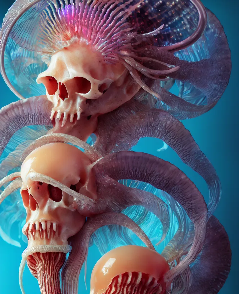 Image similar to goddess close-up portrait ram skull. jellyfish phoenix head, nautilus, orchid, skull, betta fish, bioluminiscent creatures, intricate artwork by Tooth Wu and wlop and beeple. octane render, trending on artstation, greg rutkowski very coherent symmetrical artwork. cinematic, hyper realism, high detail, octane render, 8k