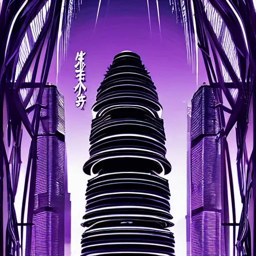 Prompt: Futuristic Pagoda Shrine in Tokyo megapolis in style of Tsutomu Nihei in purple and black tones. ArtStation, Cyberpunk, vertical symmetry, 8K, Highly Detailed, Intricate, Album Art.