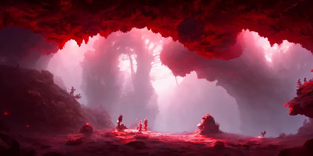Prompt: entrance to small cave inside the forest, large glowing red crystalline sprouts growing. In style of Greg Rutkowski, Jesper Ejsing, Makoto Shinkai, trending on ArtStation, fantasy, great composition, concept art, highly detailed, scenery, 8K, Behance.