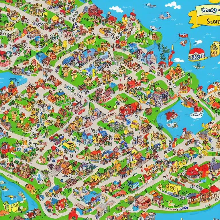 Image similar to map of busytown by richard scarry, HD, trending on artstation