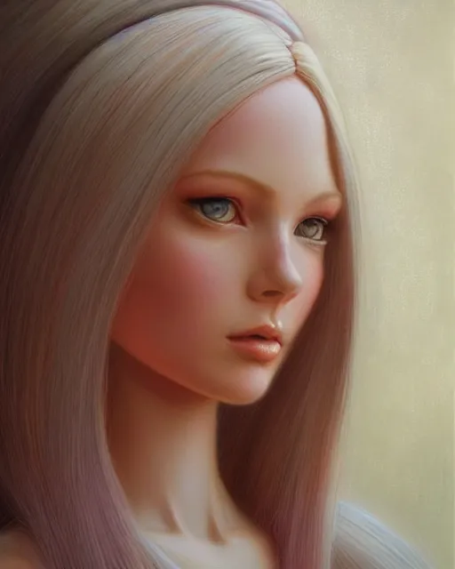 Image similar to human barbie portrait | highly detailed | very intricate | symmetrical | whimsical and magical | soft cinematic lighting | award - winning | closeup portrait | barbie doll | painted by donato giancola and mandy jurgens and charlie bowater | pastel color palette | featured on artstation