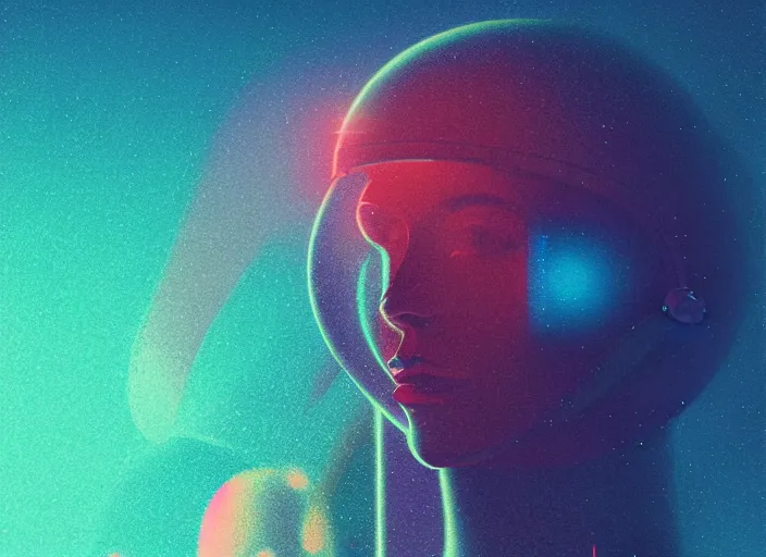 Image similar to portrait of a young astronaut girl, colorful, modern art deco, mads berg, karolis strautniekas, christopher balaskas, stippled light, fog, moody, fine texture, editorial illustration, dramatic lighting, dynamic composition, detailed, matte print, dynamic perspective, muted color