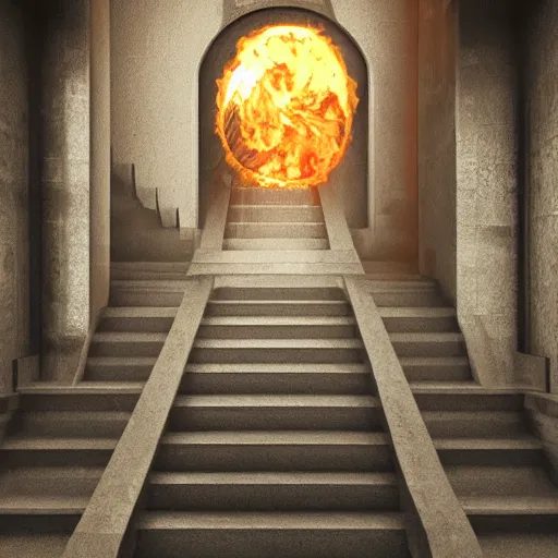 Image similar to a staircase leading up to a door with fire coming out of it, a digital rendering by kamal ud - din behzad, cg society, happening, hellish background, hellish, unreal engine
