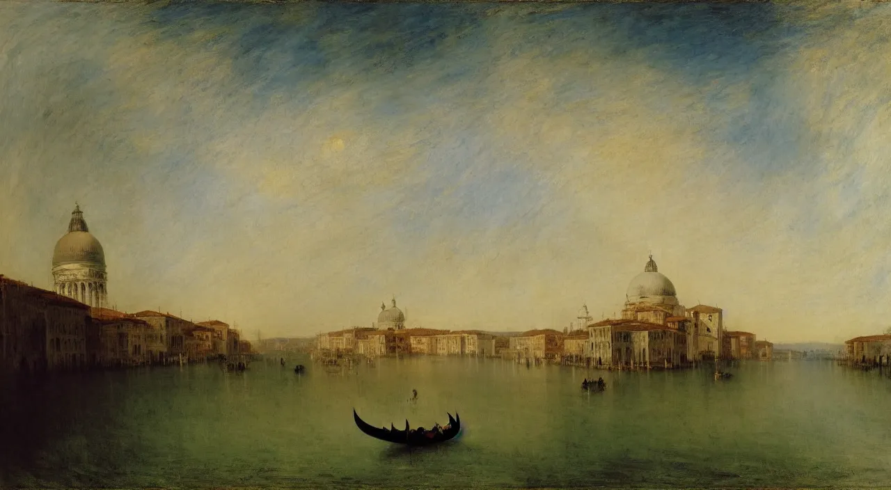 Prompt: a serene landscape of venice, green river, on the bank is the domed church, by william turner