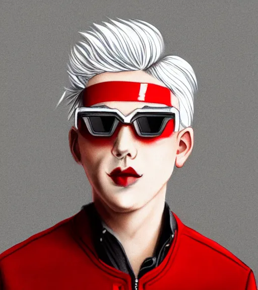 Prompt: young man in red jacket and white shirt, white hair, round goggles, smoking cigarette, character portrait, sharp focus, illustration, high detailed