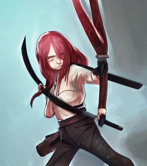 Image similar to a girl holding a katana, ponytail, highly detailed, digital painting, artstation, concept art, smooth, sharp focus, kunoichi, illustration, style of chainsaw man