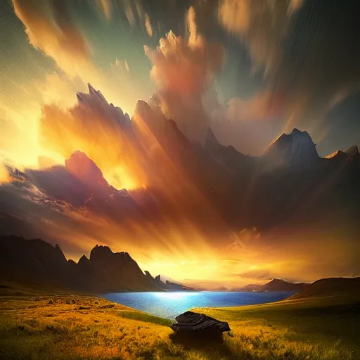 Prompt: landscape photography by marc adamus, utopian, space ship, lake, sunrise, dramatic lighting, mountains, clouds, beautiful