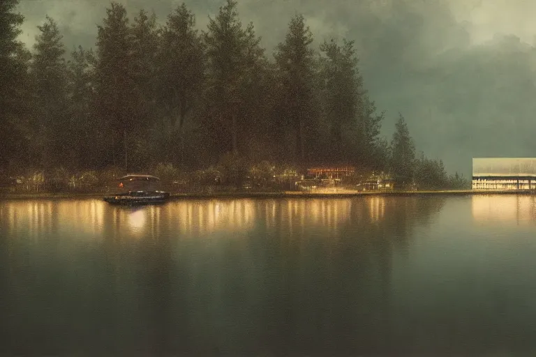 Prompt: a cinematic painting of a brutalist spaceship forming from a lake surrounded by trees, serene vast landscape, neon lights cracking through the clouds, rainy day, beautiful lighting, high depth, ultra realistic, artistic, by annie leibovitz