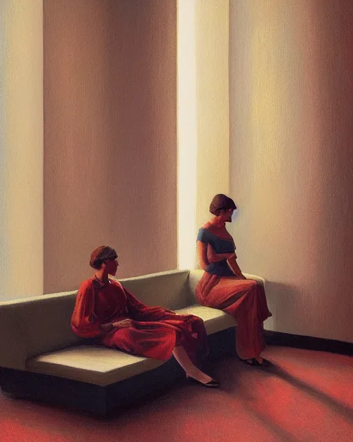 Image similar to woman sitting in the lobby of a hotel painter by George Tooker volumetric lighting, back lighting, rimlight, dramatic lighting, digital painting, highly detailed, artstation, sharp focus, illustration, Artgerm, Jean-Léon Gérôme , ruan jia