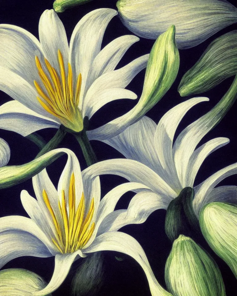 Image similar to achingly beautiful extreme close up painting of one white lily blossom by rene magritte, monet, and turner. piranesi. macro lens, symmetry, circular.