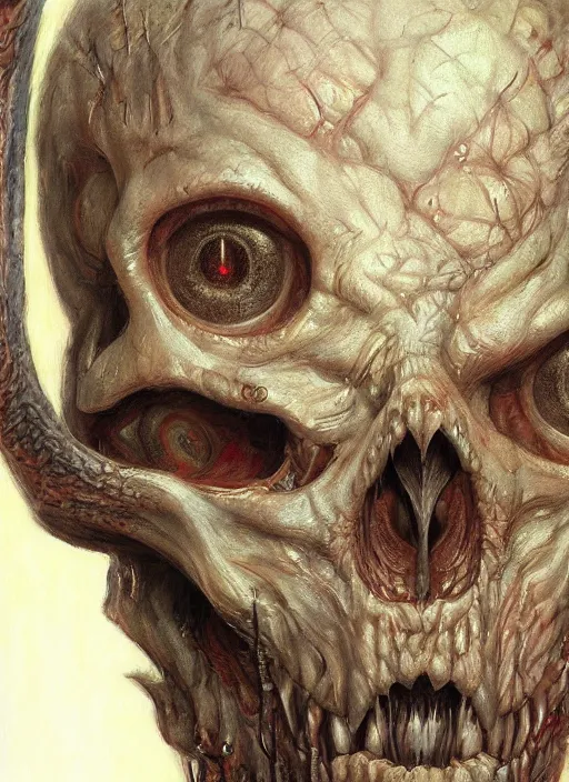 Image similar to realistic scifi monster in hell, closeup portrait art by donato giancola and greg rutkowski, realistic face, digital art, trending on artstation, skull helmet, symmetry!!!