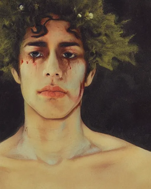Prompt: a beautiful but sinister ethnically ambiguous young man in layers of fear, with haunted eyes and wild hair, 1 9 7 0 s, seventies, woodland, a little blood, wildflowers, moonlight showing injuries, delicate embellishments, painterly, offset printing technique, by brom, robert henri, walter popp