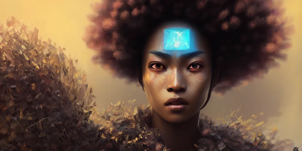 Prompt: samurai with afro, prism highlights, brown skin, iridescent eyes, depth of field, cinematic, macro, concept art, art station, wepa digital, digital painting, elegant, epic, focus, octane render, v-ray, 8k, C4D, art by Karol Bak