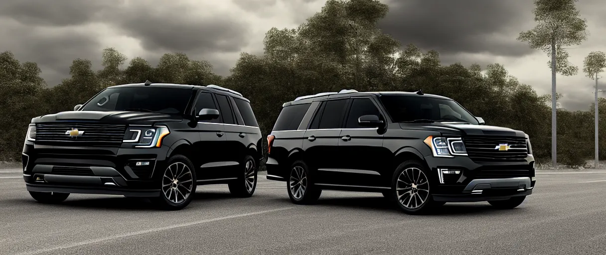 Prompt: a black suv inspired by a 2 0 2 2 chevrolet suburban and 2 0 2 2 ford expedition driving down the road, a digital rendering, trending on cg society, regionalism, ultrafine detail, rendered in unreal engine, reimagined by industrial light and magic