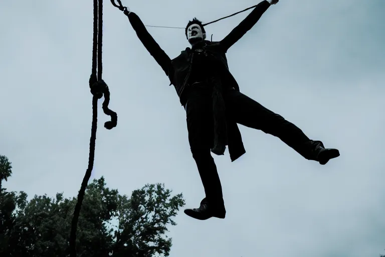 Prompt: photograph of a vampire nervously walking on a hanging rope trying to balance himself, wide shot