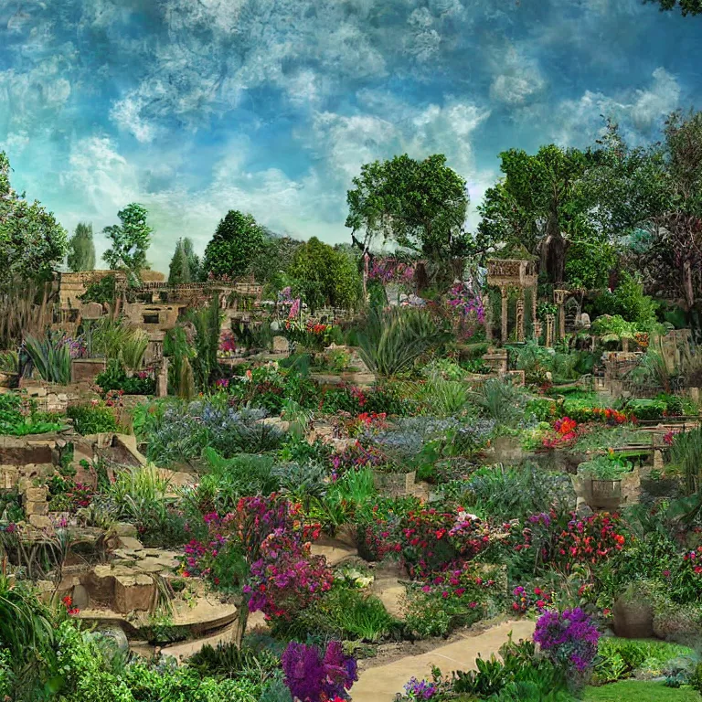 Image similar to babylon gardens, outside view, fantastical, award winning. digital art, babylonian gardens, clear day