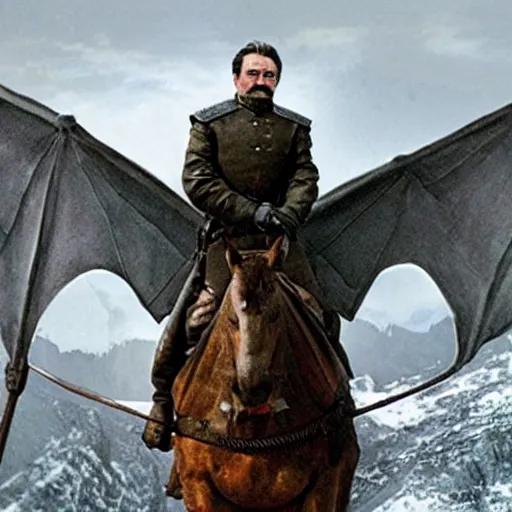 Image similar to Photo of Stalin riding a Dragon from game of Thrones,