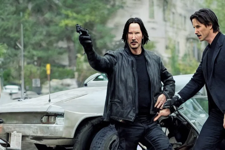 Image similar to john wack, starring keanu reeves and tom cruise, directed by chad stahelski, film still