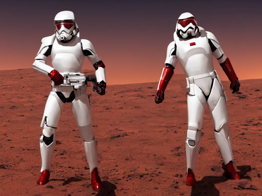 Image similar to gigachad space trooper in glossy sleek white armor with small red details, no helmet! , long red cape, heroic posture, firing laser rifle, on the surface of mars, dramatic lighting, sunset, cinematic, sci-fi, hyperrealistic, movie still