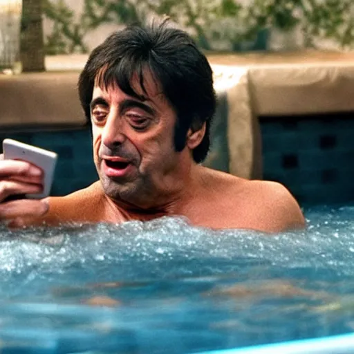 Image similar to al pacino scarface hot tub scene, except he is wearing catgirl ears and browsing his iphone