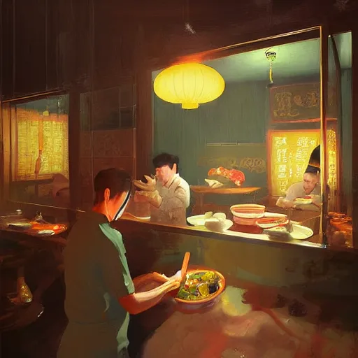 Prompt: Inside a traditional Chinese restaurant, with the chef preparing lots of yakisoba in a giant pot art by Sergey Kolesov