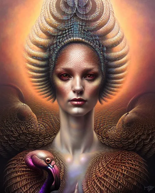 Image similar to a detailed portrait of dreampunk flamingo python hybrid mix beautiful! goddess by tomasz alen kopera and peter mohrbacher