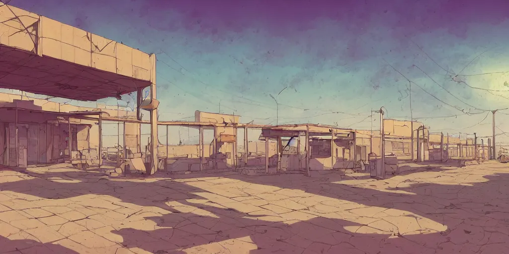 Image similar to an old and abadoned israeli bus station in the negev, without people, noon, sunlights, wide shot, digital art, ghibli style, vivid colors, flat colors, trending on artstation, high quality