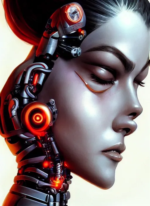 Prompt: portrait of a cyborg woman who turns her head to the ((((((right))))) left+80 (((((up))))) (((((down))))) by Artgerm,eyes closed , biomechanical, hyper detailled, trending on artstation