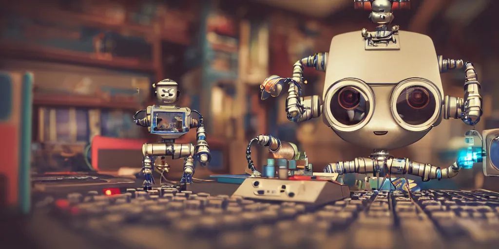 Image similar to closeup portrait of tin toy retro robot developper programming in a computer lab, depth of field, zeiss lens, detailed, centered, fashion photoshoot, by nicoletta ceccoli, mark ryden, lostfish, breathtaking, 8 k resolution, extremely detailed, beautiful, establishing shot, artistic, hyperrealistic, octane render