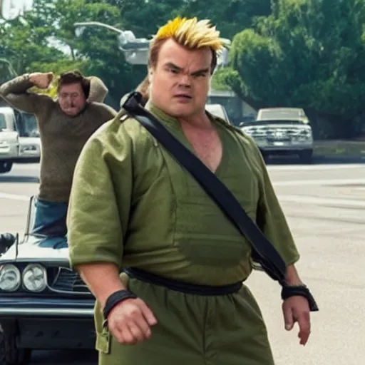 Image similar to movie still of jack black starring as guile in the 2 0 2 6 live action street fighter movie