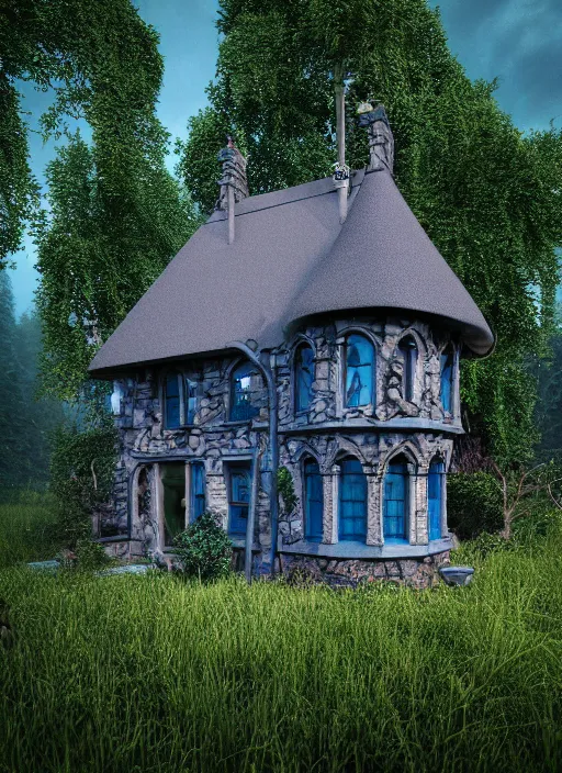 Image similar to hyper realistic homely ornate witch cottage architectural, in the woods gorgeous lighting, blue sky, highly detailed, lush forest architectural render, octane render, ue 5 raytraced