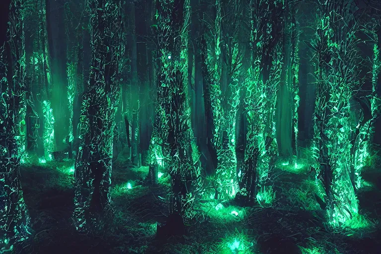 Prompt: bioluminescent pandora nighttime forest. dark. soft glow.