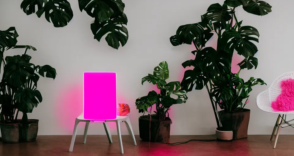 Prompt: Large format landscape of a black buddha sitting on a plastic chair, in a white exhibition space next to a neon pink light and a tropical plant, medium format camera, 85mm f1.8, bokeh, sharp focus, detailed, centered, interior design photoshoot,