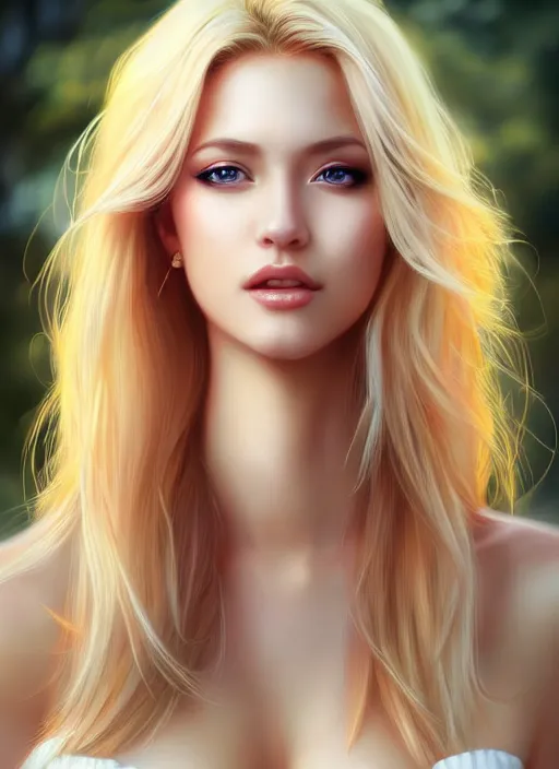 Image similar to photo of a gorgeous blonde female in the style of stefan kostic, realistic, half body shot, sharp focus, 8 k high definition, insanely detailed, intricate, elegant, art by stanley lau and artgerm, extreme blur cherry blossoms background