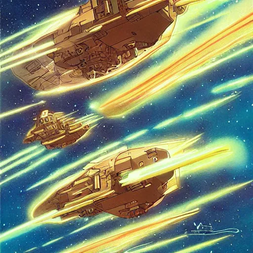 Prompt: an epic space battle between two fleets of starships, digital painting by moebius, daniel taylor, and studio ghibli