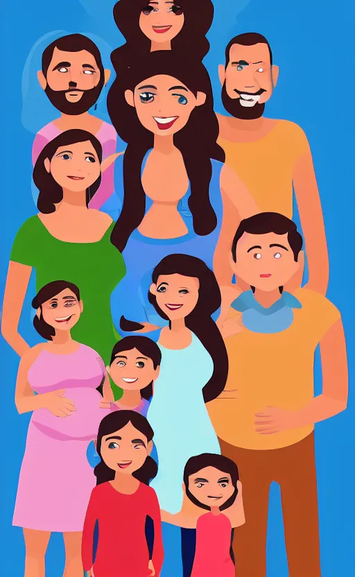 Prompt: a front view family portrait of a smiling hispanic pregnant lady illustration, trending on artstation