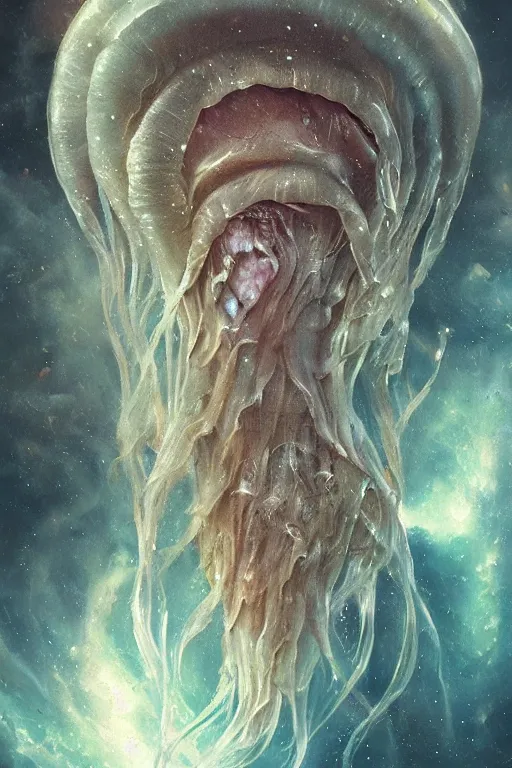 Prompt: the look of an elderly person full of wrinkles and imperfections comes out of a tornado jellyfish by artgem and greg rutkowski, highly detailed, high contrast, light reflection, trippy, nebula, trending on artstation