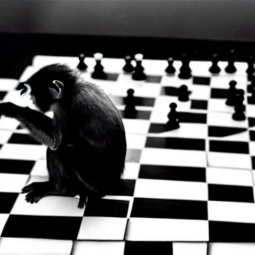 Image similar to black and white portrait photo of a monkey scratching his head, looking at a chess board, confused, annie liebovitz,