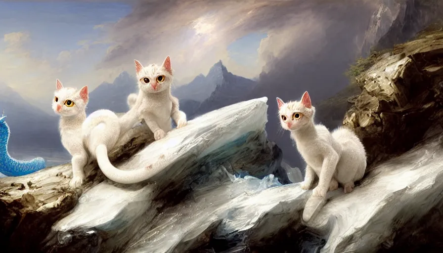 Image similar to highly detailed painting of white cute baby scaled ridge backed dragon cats on a blue and white iceberg by william turner, by greg rutkowski, by william constable, thick brush strokes and visible paint layers, 4 k resolution