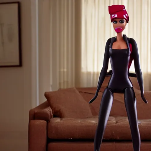 Image similar to amazing beautiful Spy from Team Fortress 2 barbie doll wearing leather in the living room, film still from the movie directed by Denis Villeneuve , wide lens