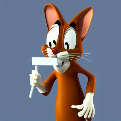 Prompt: a 3 d model of tom from tom & jerry looking depressed and smoking a cigarette