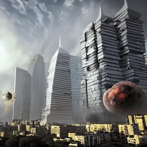 Prompt: planet smashing into skyscrapers in doomsday apocalypse