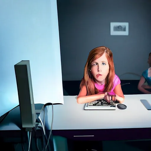 Prompt: Girl sits in the glow of her computer ready to use a rolled up newspaper to smack the silly doppelgänger alone lurking behind her, dark, drawn, comedy