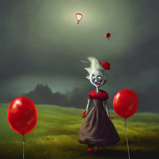 Image similar to grunge cartoon landscape painting of bilie eilish with a wide smile and a red balloon by - michal karcz, loony toons style, pennywise style, horror theme, detailed, elegant, intricate